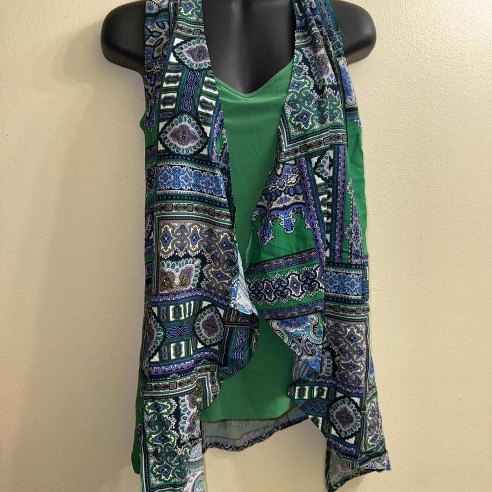 IMAN Global Chic Green Paisley Drape Vest Sleeveless Top NWT Size S